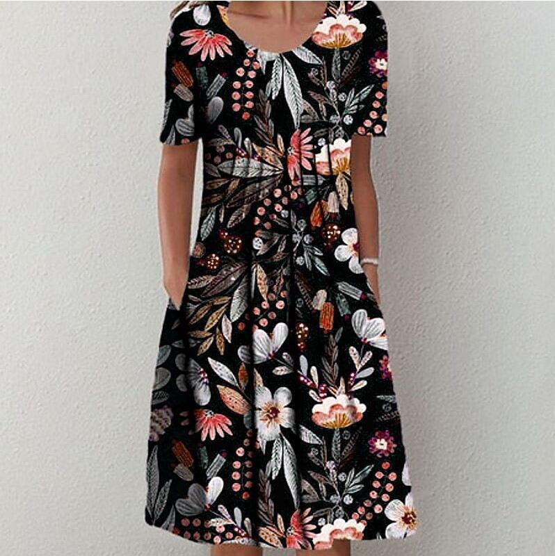 Vestido midi feminino primavera e verão com gola redonda estampado floral e bolso