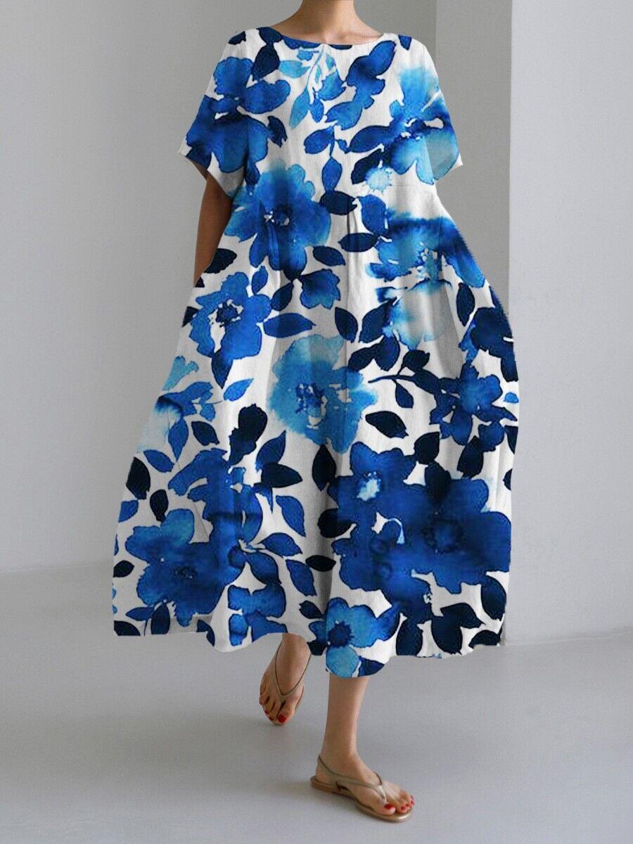 Vestido feminino de manga curta feito à mão em algodão e linho