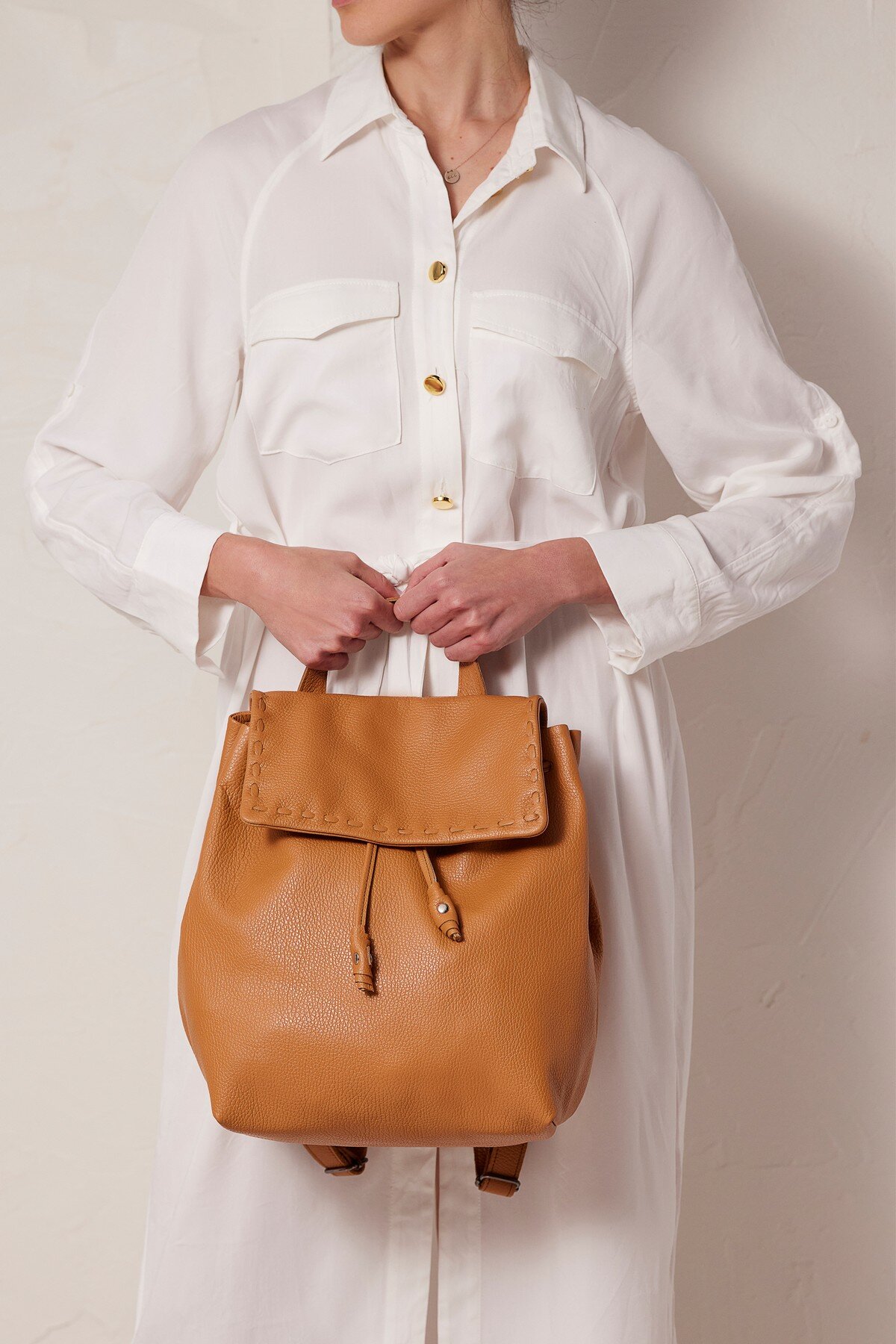 Γυναικείο backpack δερμάτινο camel, “Γαλάτεια” Large