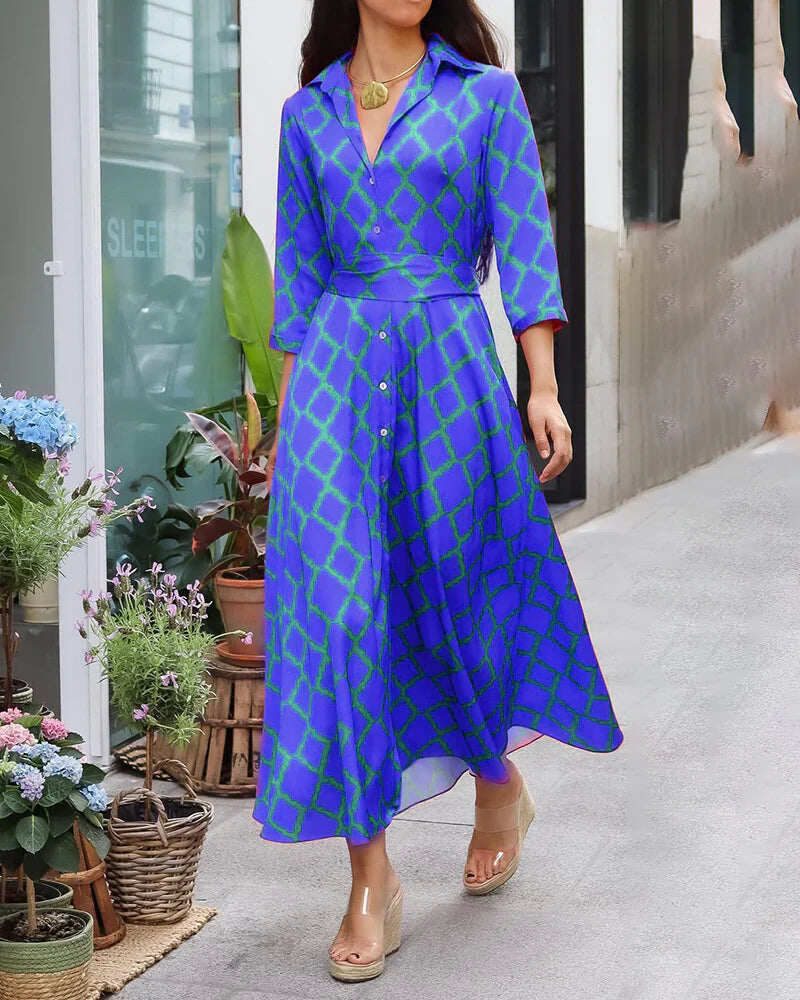 Vestido camisa com decote em V e manga 3/4