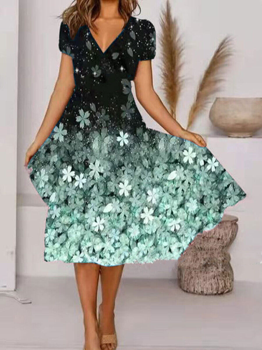 Vestido swing manga curta com estampa floral estrela 2024