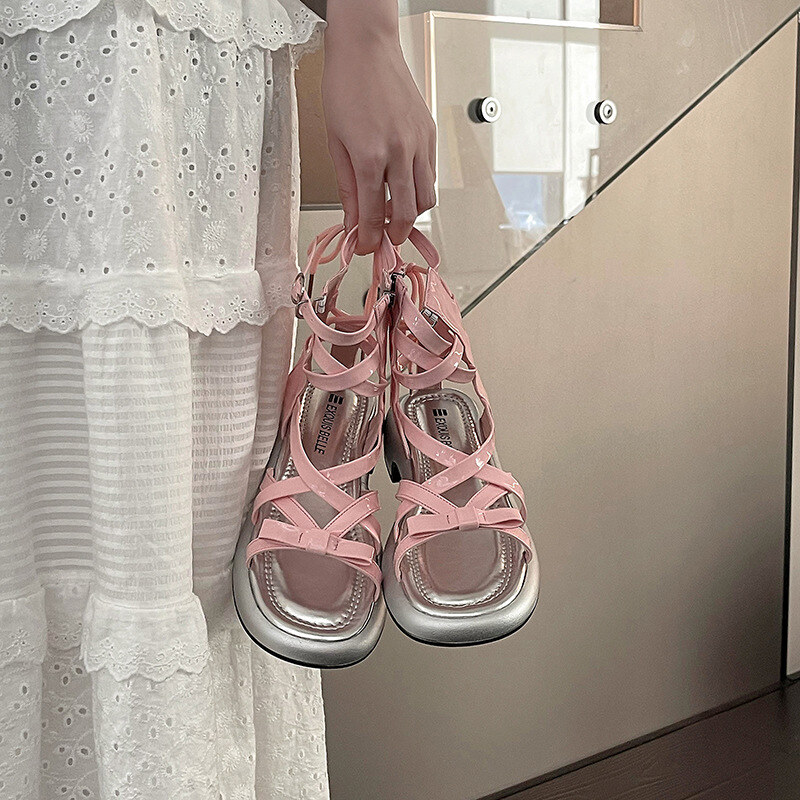 2024 novos sapatos romanos de verão com sola grossa e cano alto