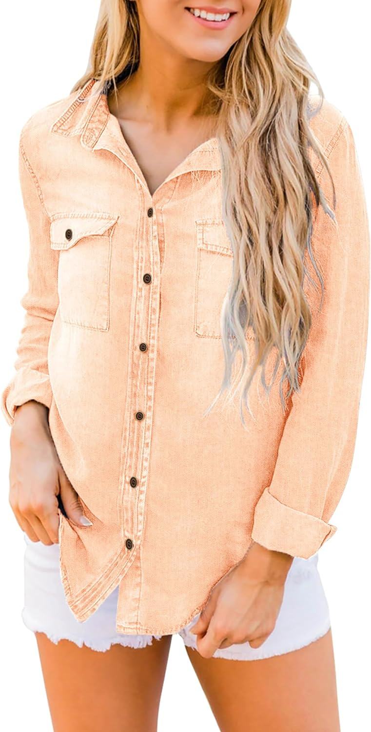 luvamia farmer ing Női Chambray Jean Western Shirts Hosszú ujjú gombos felsők