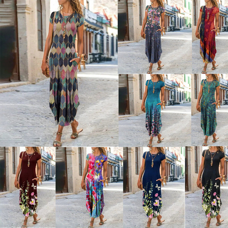 Primavera e verão novo estilo em torno do pescoço bolso manga curta vestido estampado na moda