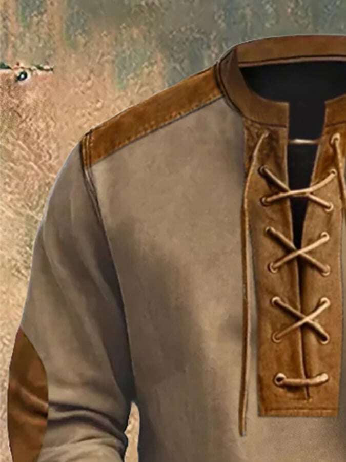 Moletom masculino retrô com estampa de blocos de cores ocidentais e cordão de alce com gola alta