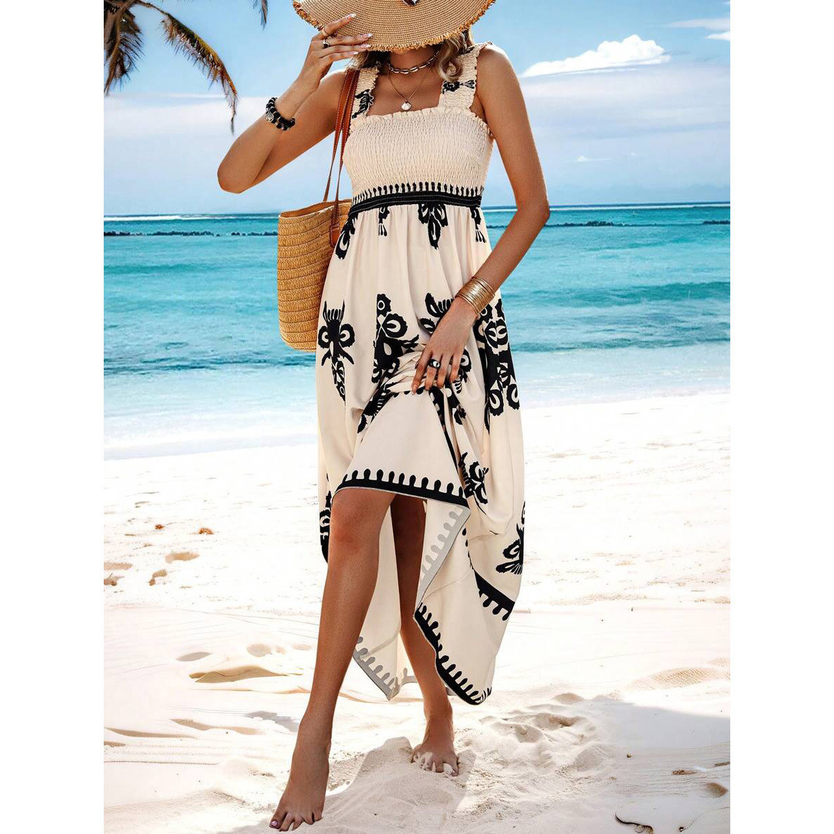 Vestido midi feminino estilo resort estampado com frente cruzada