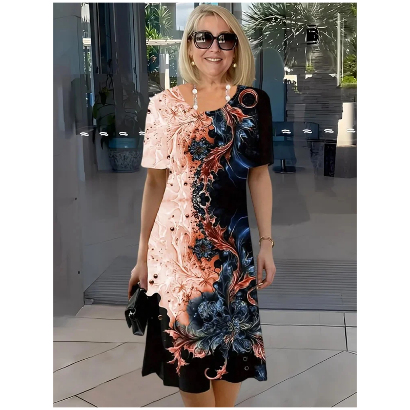 💖Elegancka sukienka z okrągłym dekoltem i nadrukiem