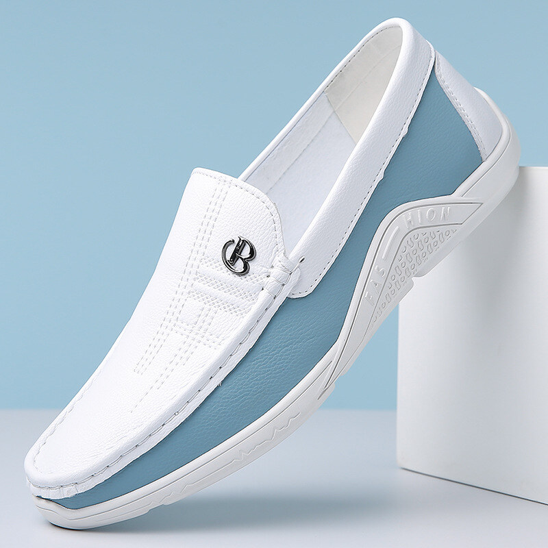 Sapatos casuais masculinos de couro com sola macia e sem cadarço