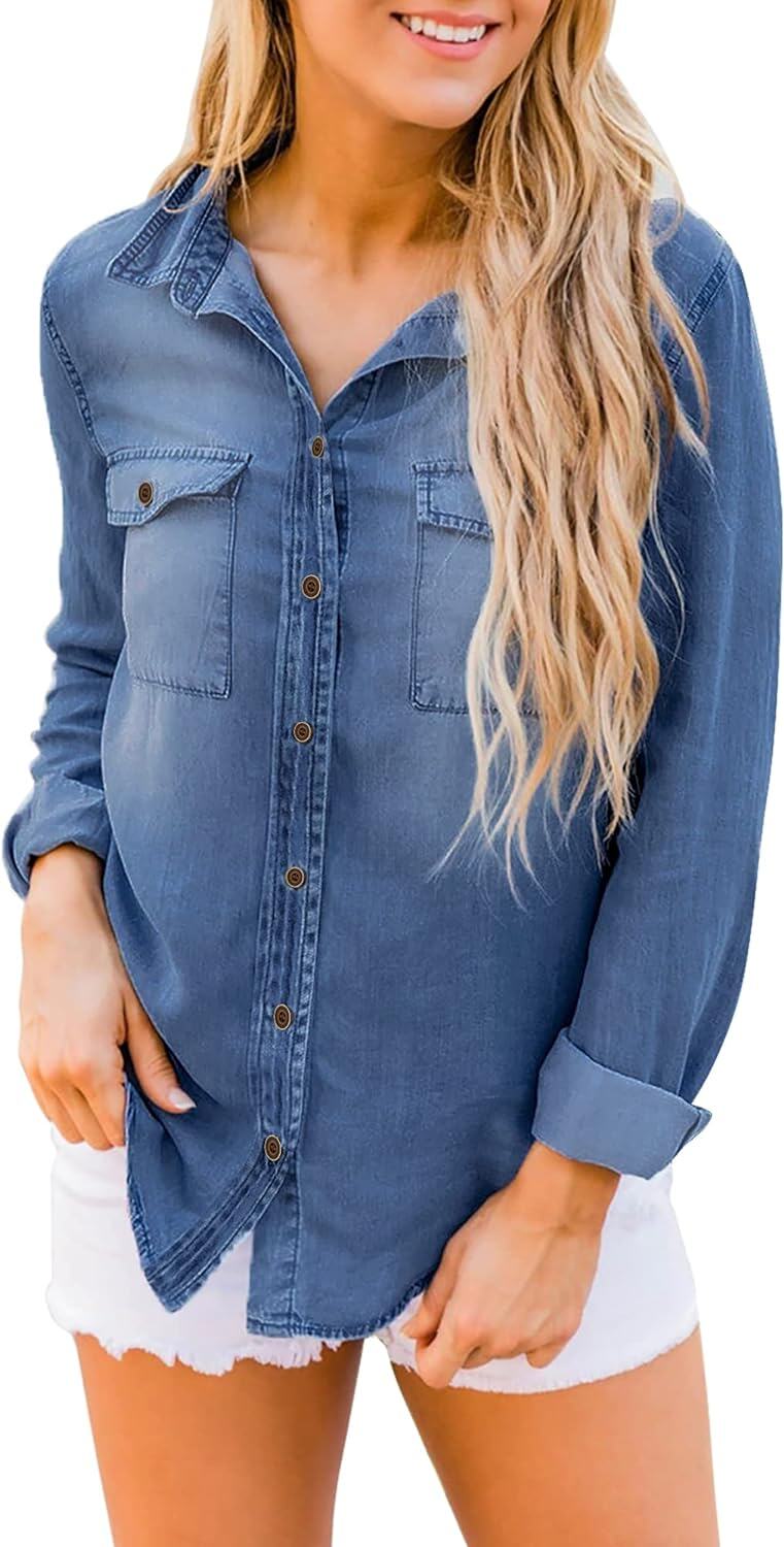 luvamia farmer ing Női Chambray Jean Western Shirts Hosszú ujjú gombos felsők