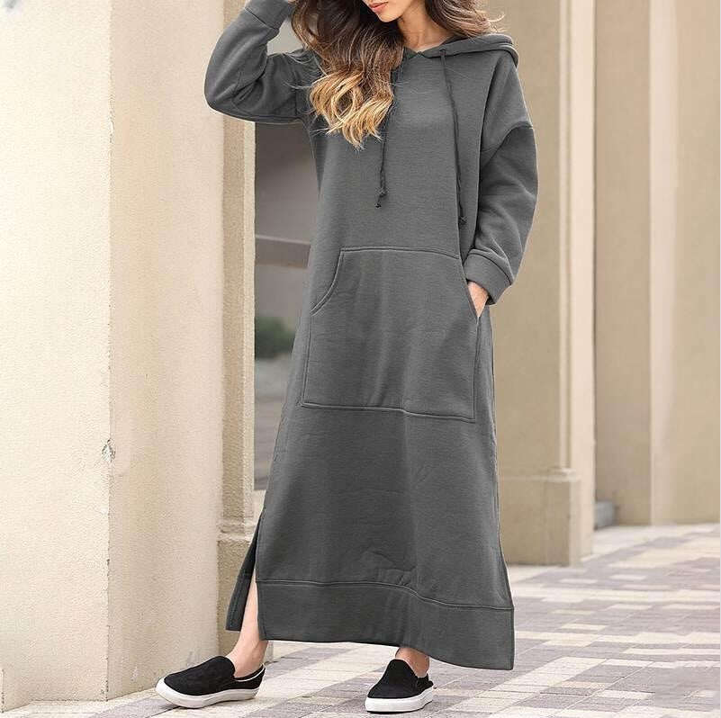 Outono e inverno, suéter grande de lã com capuz e bolsos grandes