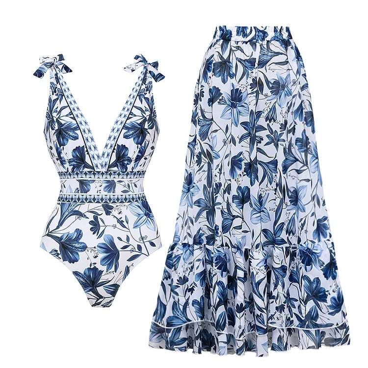 👙 2025 New Arrival - 🔥 V Neck Floral Print One-Piece Swimsuit Set 🔥