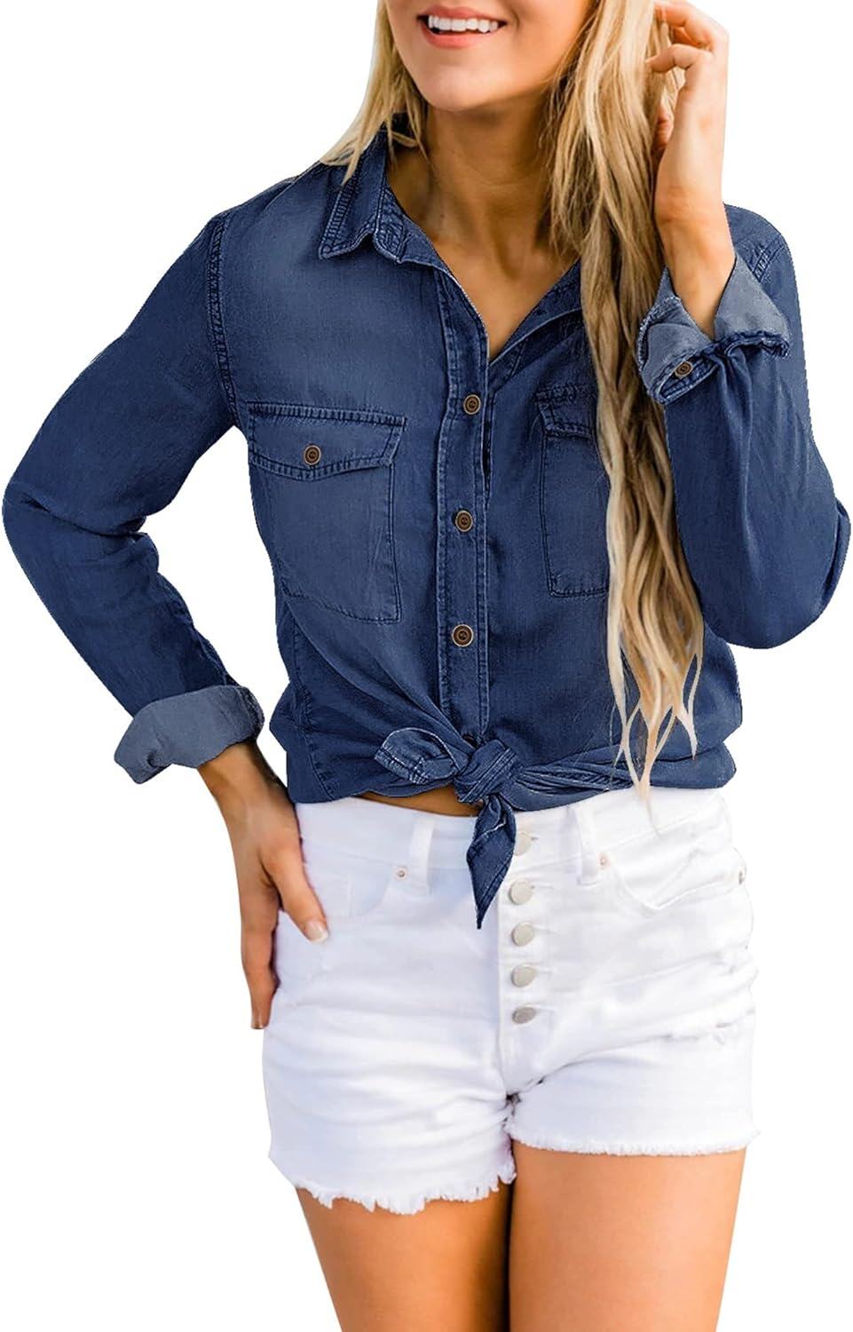 luvamia farmer ing Női Chambray Jean Western Shirts Hosszú ujjú gombos felsők