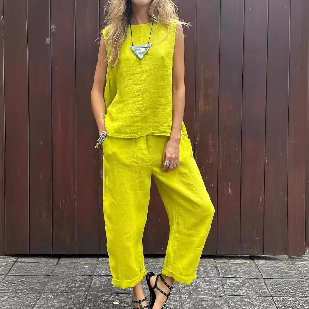 2024 primavera e verão novo algodão e linho moda casual solto conjunto de duas peças sem mangas calças soltas vestido feminino