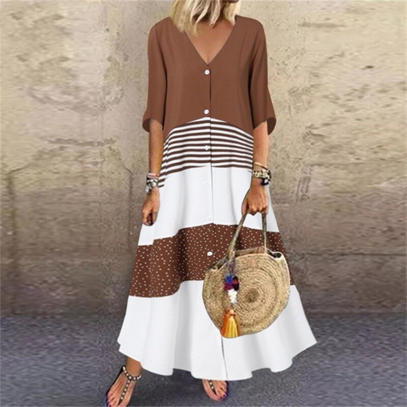 Primavera e verão novo estilo com decote em v manga curta impresso vestido longo abotoado saia casual