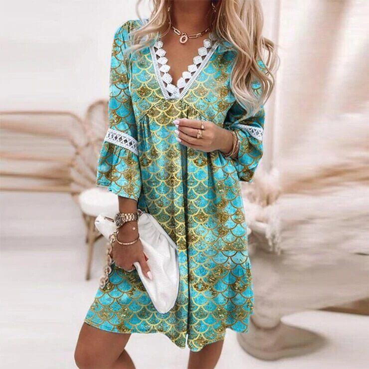 Novo vestido de verão com retalhos de renda estampado em algodão e linho