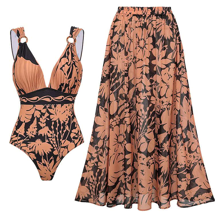 2025 New V Neck Shadow of Trees Printed One Piece Swimsuit Set