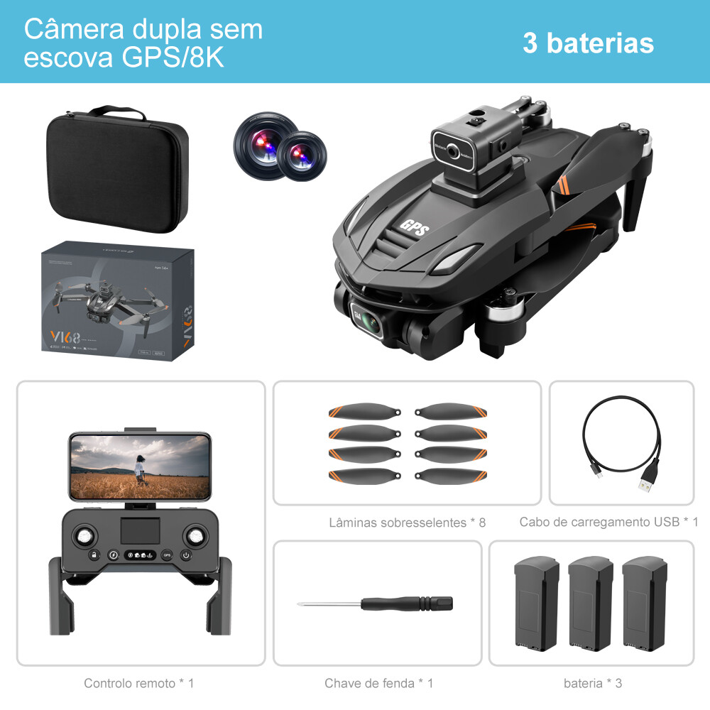 Drone V168 Pro com GPS - Câmara HD 8K - com atualização do GPS!