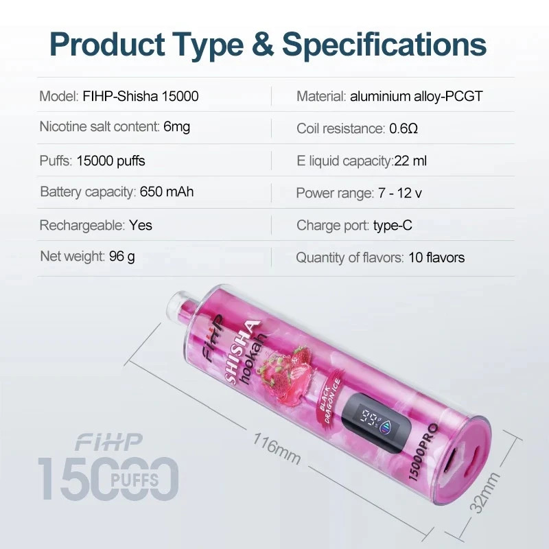 FIHP Shisha Hookah 15000 Puffs disposable vape