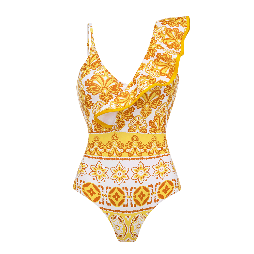 Asymmetrical Ruffle Printed One Piece Swimsuit and Skirt