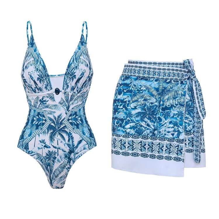 New V Neck Printed One Piece Swimsuit Set