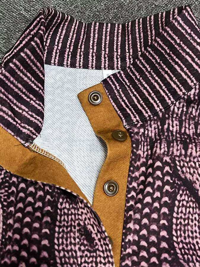 Męska bluza casualowa z nadrukiem retro, z kołnierzykiem i guzikiem