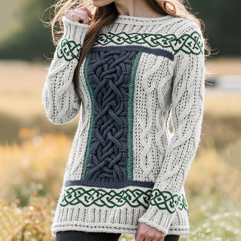 Női kelta csomó kontrasztos jacquard pulóver