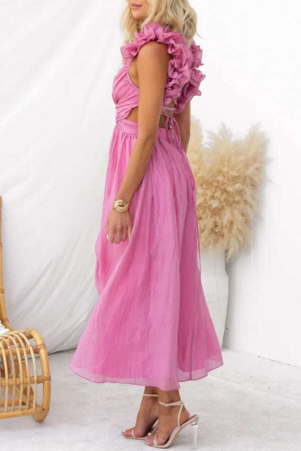 Vestido sexy sem costas em algodão e linho com alças ajustáveis