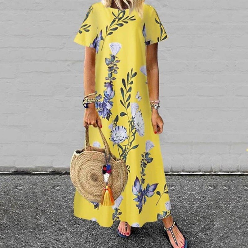 Saia longa multi-tamanho feminino verão em torno do pescoço manga curta impresso vestido de bolso evasê
