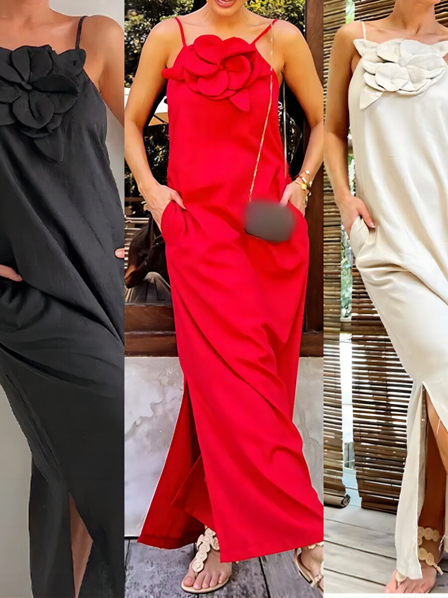 Primavera e verão novo estilingue tridimensional estilingue flor algodão e linho vestido sem mangas para mulher