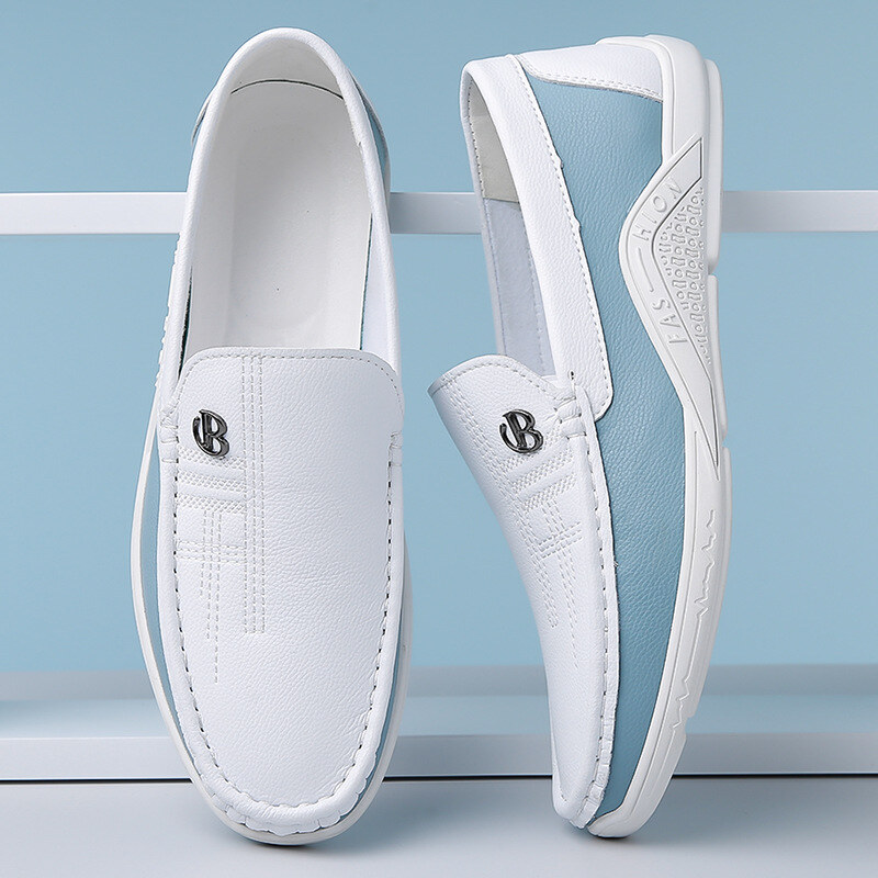 Sapatos casuais masculinos de couro com sola macia e sem cadarço