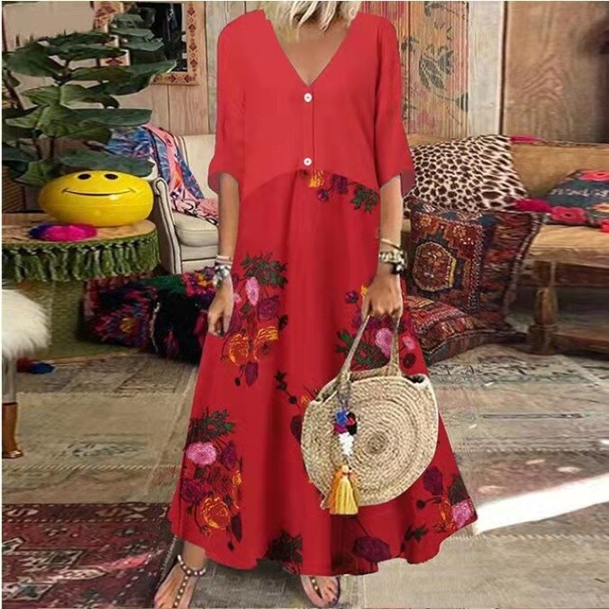 Primavera e verão novo estilo com decote em v manga curta impresso vestido longo abotoado saia casual
