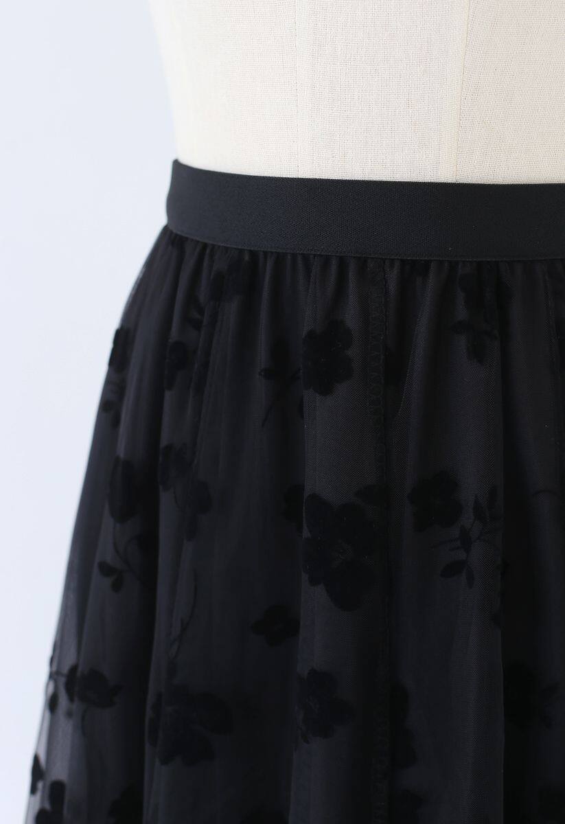 Top preto de malha com retalhos de malha sem ombros preto + conjunto de saia de comprimento médio de malha dupla camada 3D POSY