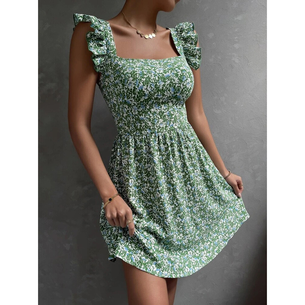 Vestido de primavera e verão com decote quadrado e babados nos ombros