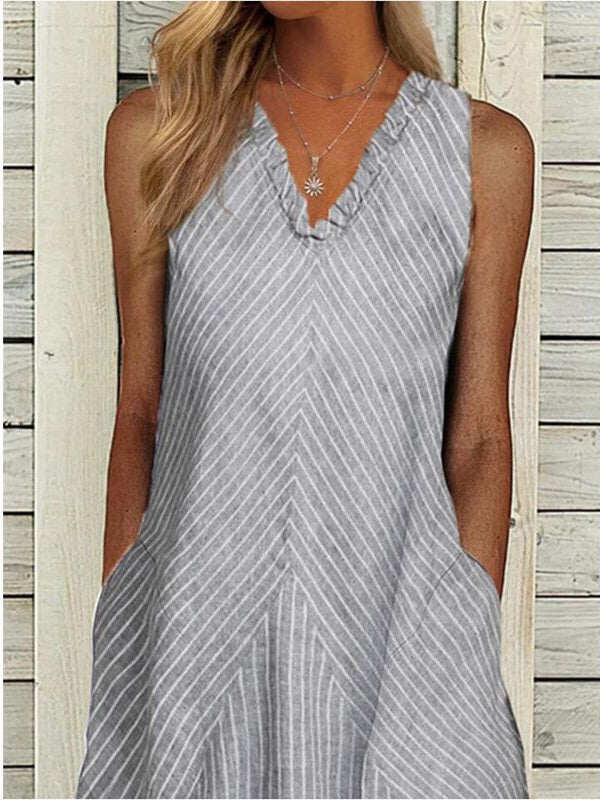 Vestido midi de algodão sem mangas com decote em V às riscas