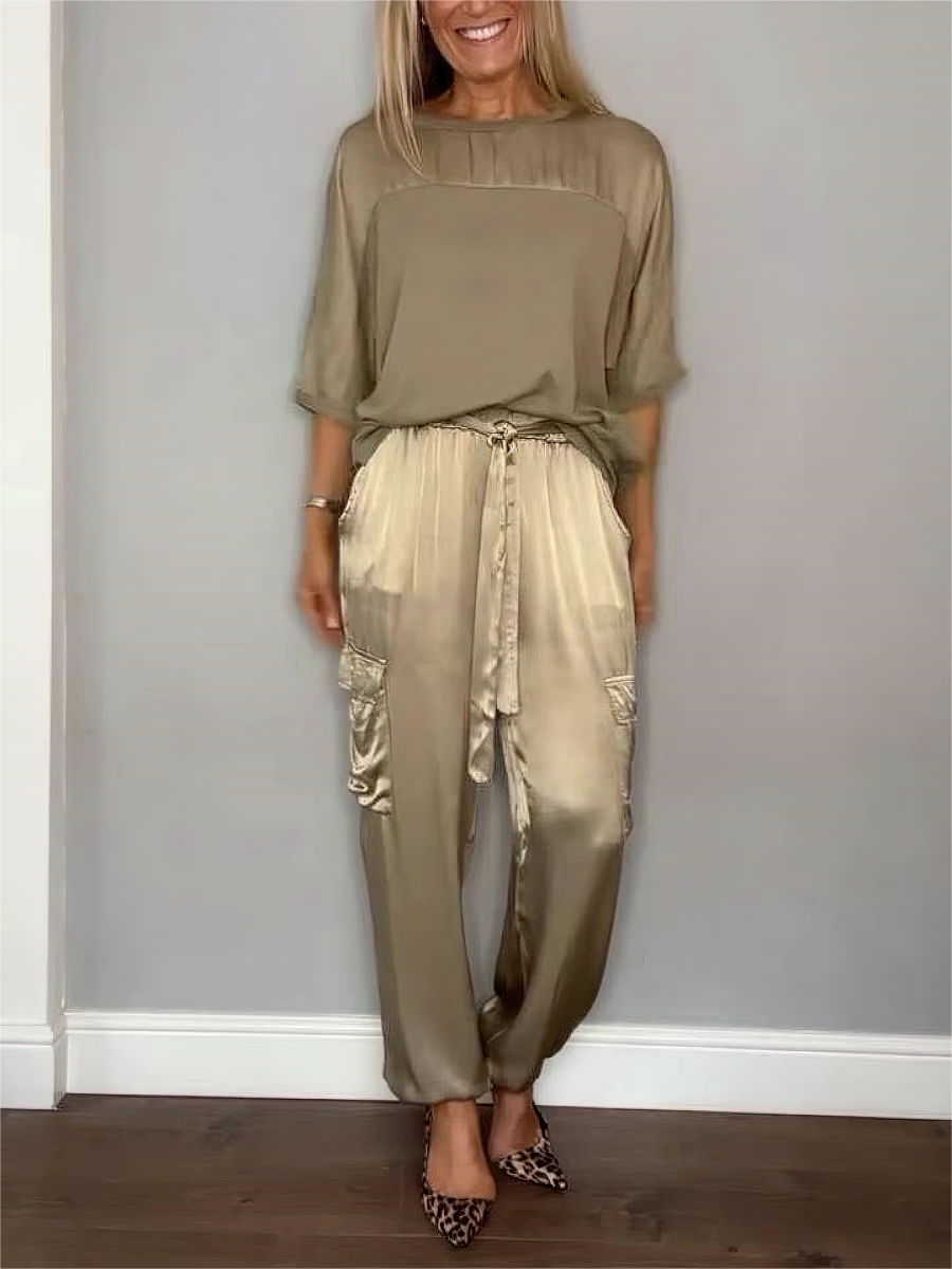 Mulheres liso cetim meia manga top e calça terno de duas peças