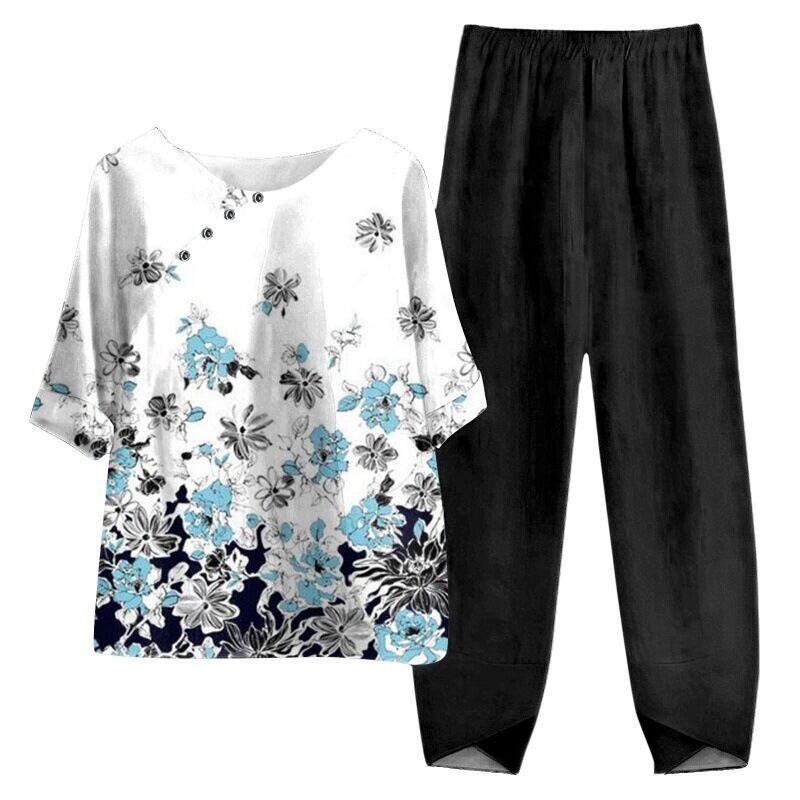 【S~5XL】😍2024 Novo conjunto de blusas e calças estampadas de duas peças