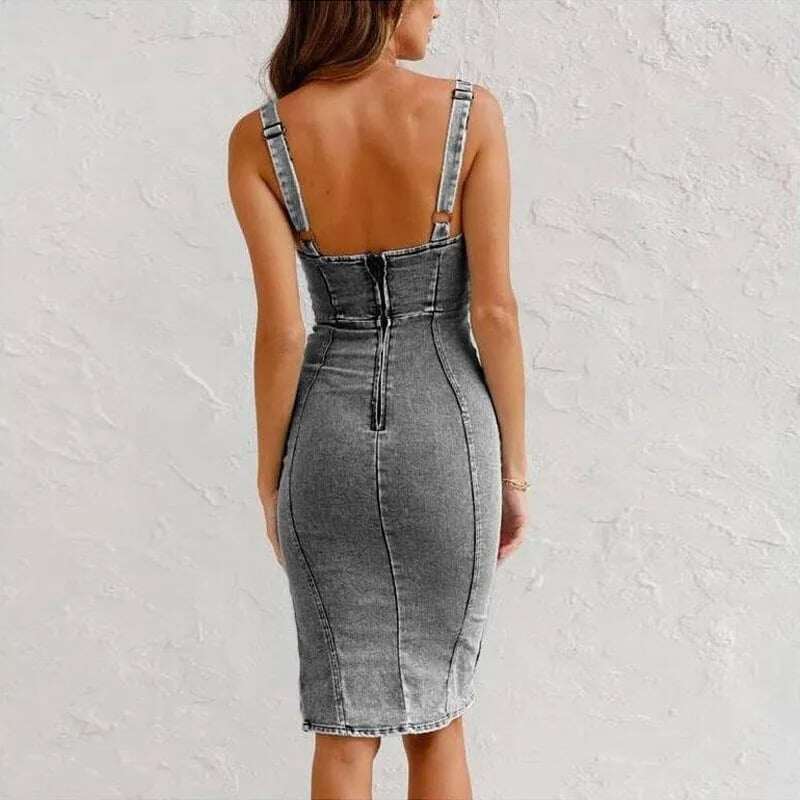 Vestido Cami Bodycon Jeans Dividido com Alça em U Ajustável