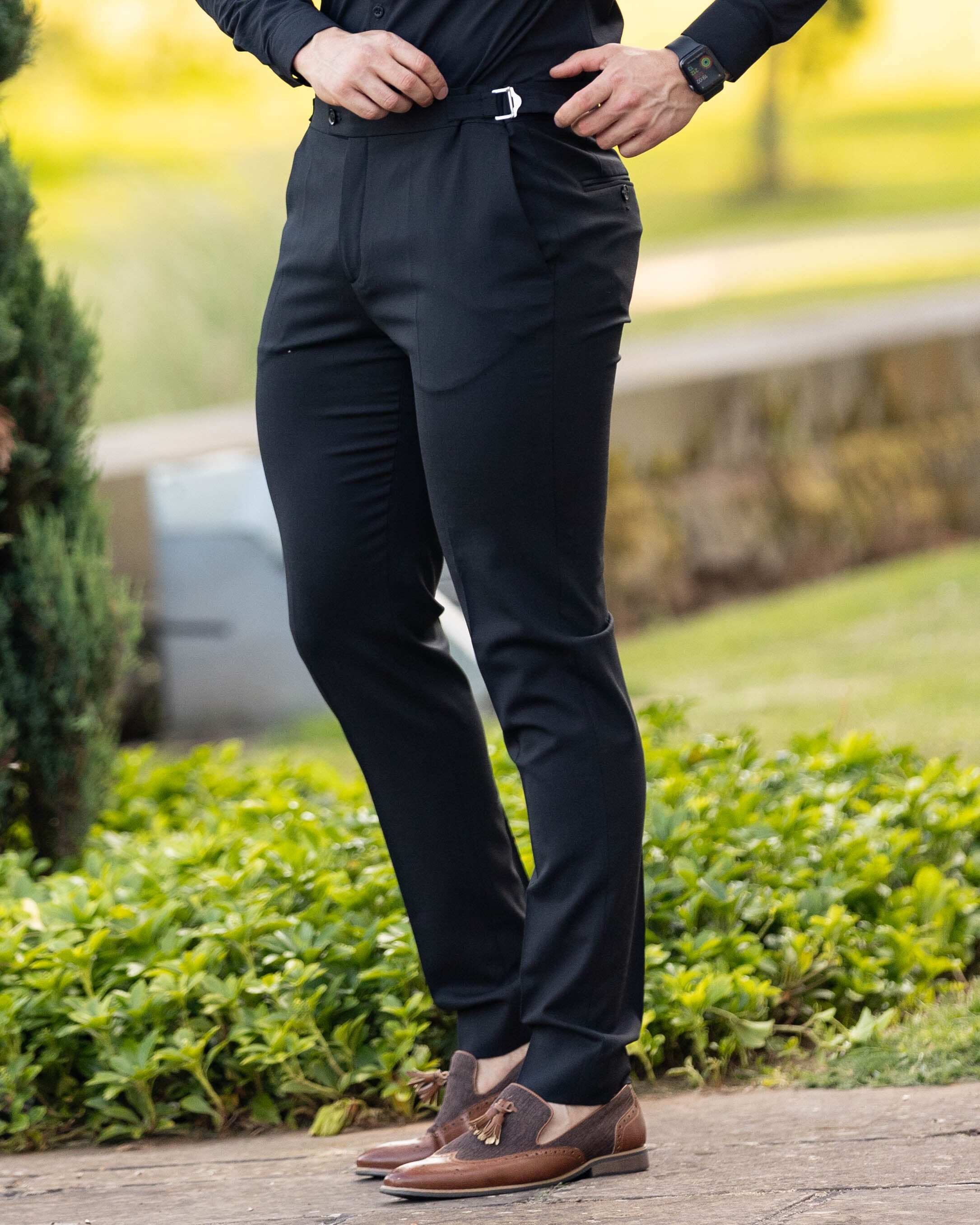 Father Sons Slim Formal Black Stretch Trousers With Silver Waist Adjusters - FST013