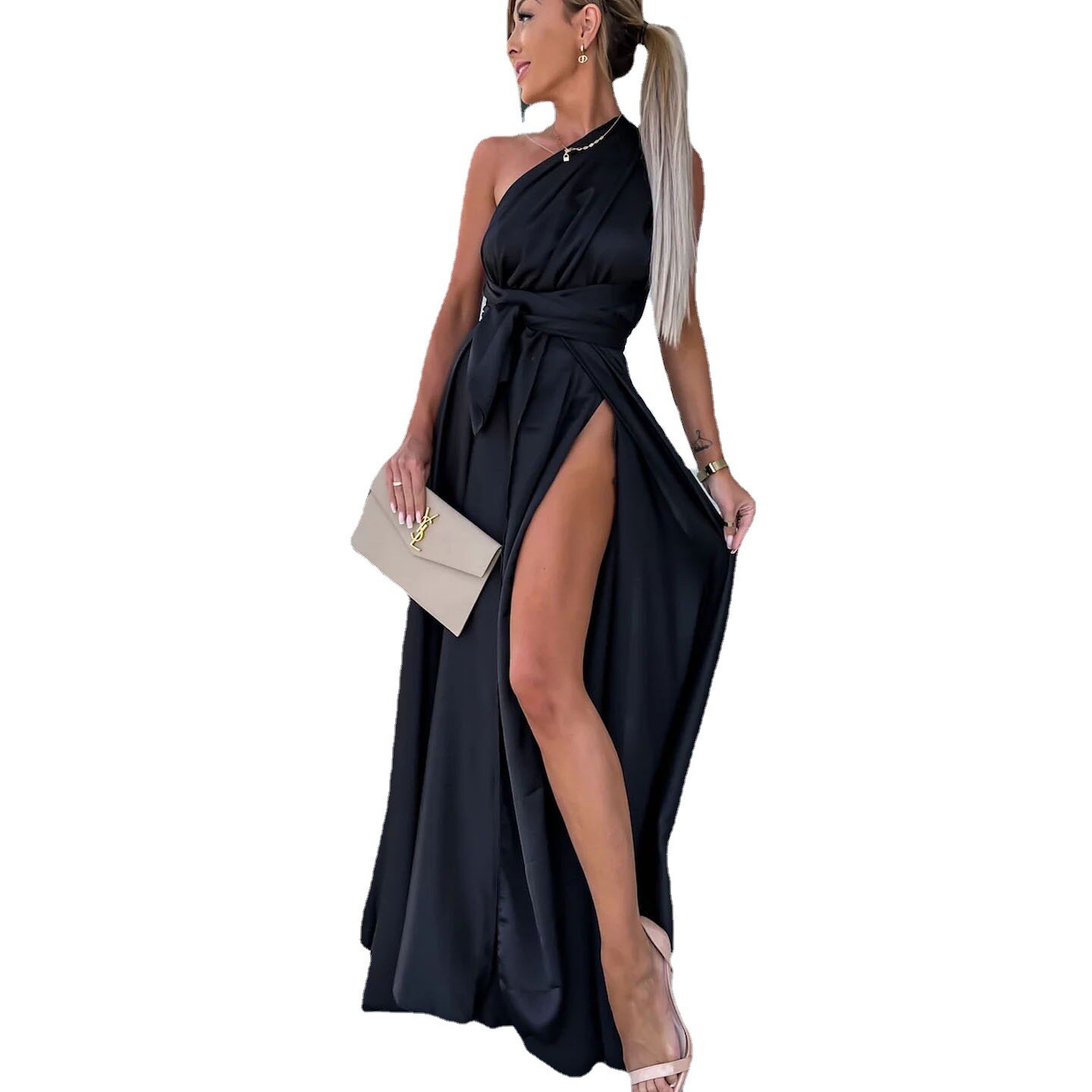 Nova primavera e verão vestido de tiras sexy e mutável INS solto vestido de fenda casual