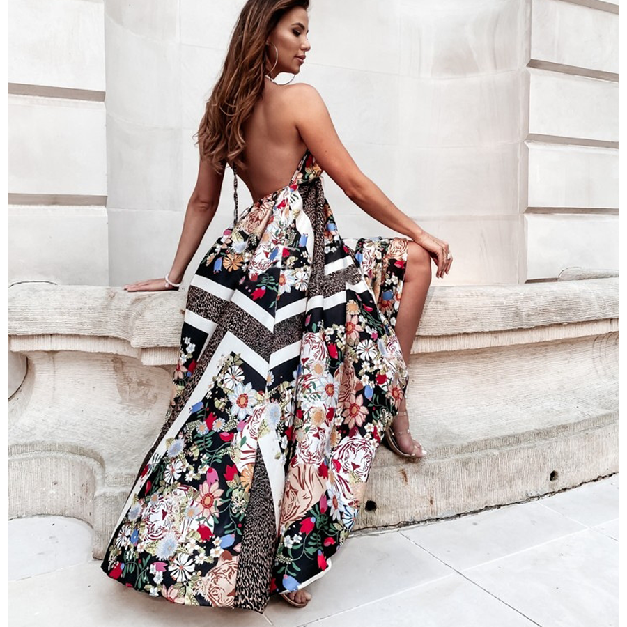 🌼 V Neck Blossom Printed  Backless Sling Dress 👗