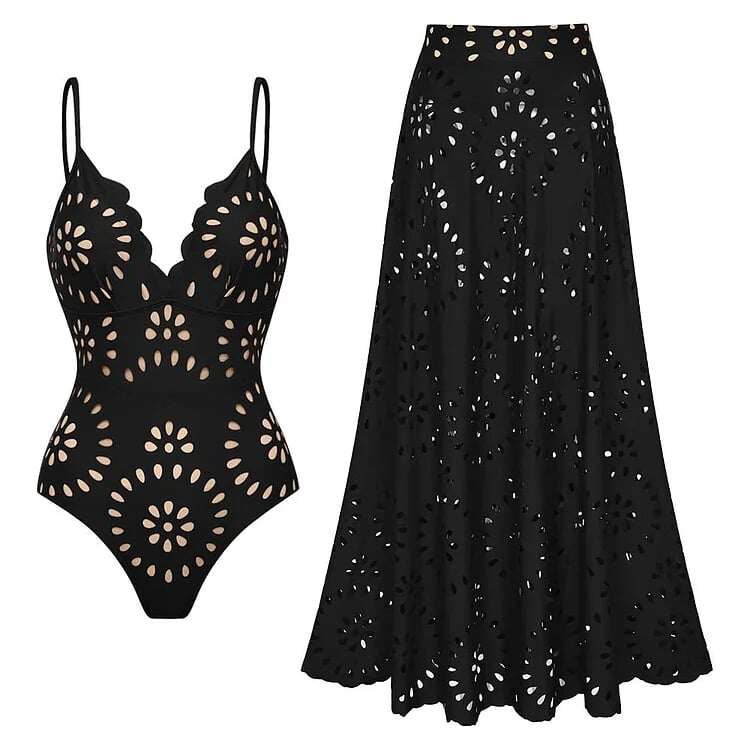 💖 2025 New 👙 Laser Cutting Flower Hollow Flared Skirt Swimsuit Set
