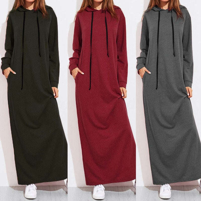 Vestido feminino de moletom de manga comprida com capuz