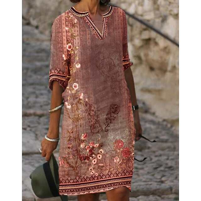 Vestido casual de meia manga com estampa floral de Outono de comprimento médio