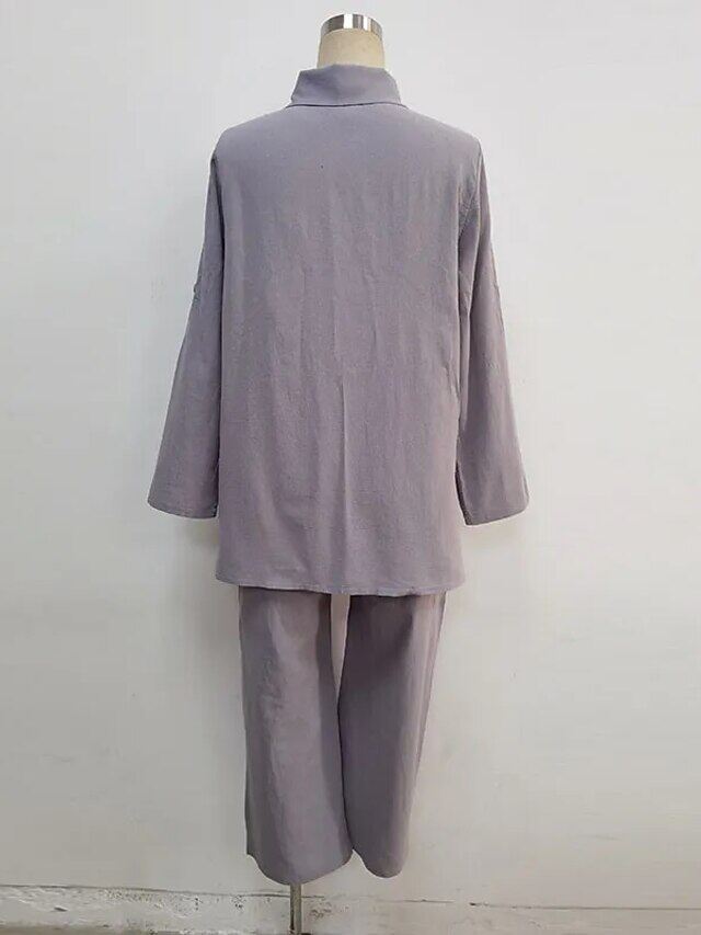 Camisa de lapela de cor sólida, top de algodão e linho e calças S-5XL