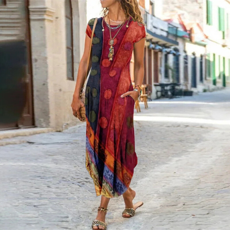 Primavera e verão novo estilo em torno do pescoço bolso manga curta vestido estampado na moda