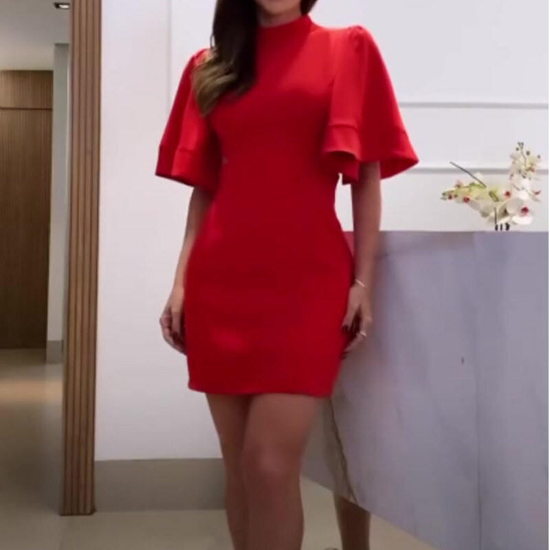 Venda quente cor sólida em torno do pescoço mangas sino elegante sem costas com tiras magro hip-abraçando vestido