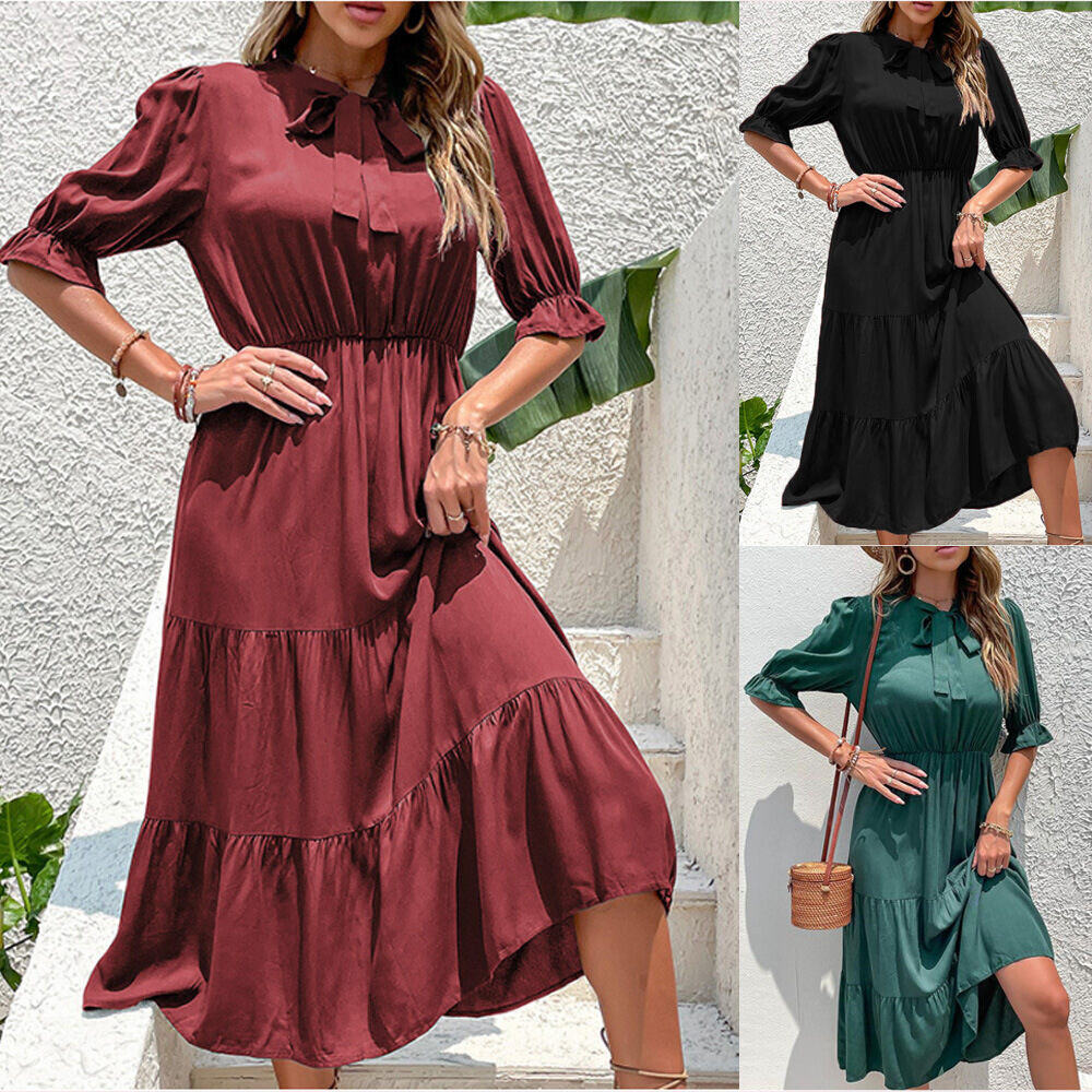 Vestido de cor sólida com laço enrugado da moda europeia e americana para o verão 2024