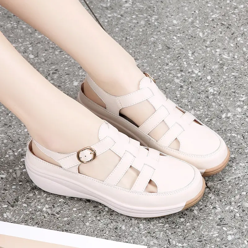 【35-44】Tupa de sola grossa de tamanho grande, sandálias casuais de salto alto, sapatos femininos romanos