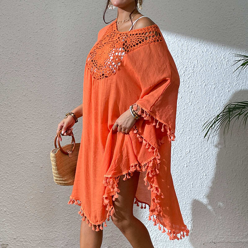 Vestido Resort Sunset com Franjas e Gola Redonda