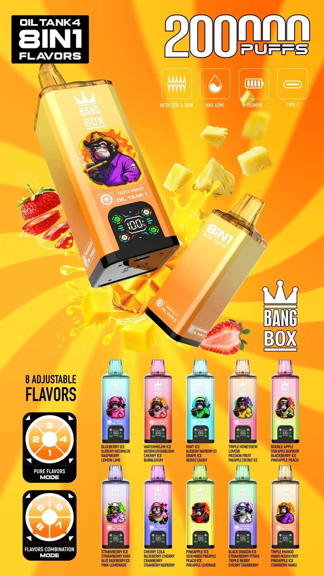 Person using Bang Box 8 in 1 Disposable Vape in narancssárga színben, Triple Mango flavor